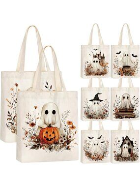 8 Pcs Halloween Boho Ghost Tote Bags - Wildflower Trick or Treat Bags Set